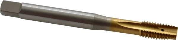OSG - M10x1.50 Metric Coarse, 3 Flute, TiN Finish, Vanadium High Speed Steel Spiral Point Tap - Plug Chamfer, Right Hand Thread, 100mm OAL, 1-1/4" Thread Length, 0.381" Shank Diam, 6H Class of Fit - Exact Tool & Supply