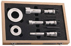 Fowler - 8 Piece, 2 to 4", Carbide, Hole Mechanical Inside Micrometer Set - 0.005mm Graduation, Ratchet Stop Thimble, Includes (2) Setting Rings, (3) Handles & (3) Heads - Exact Tool & Supply