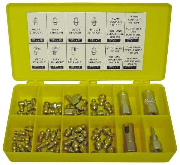 PRO-LUBE - 60 Piece, Metric, Box Plastic Steel Grease Fitting Set - Includes Metric Thread Types, Includes M10x1: (20) Straight, (4) 90°, M6x1: (12) Straight, (4) 90°, M8x1: (12) Straight, (4) 90° - Exact Tool & Supply
