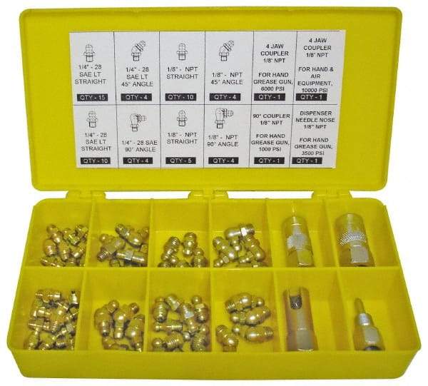 PRO-LUBE - 60 Piece, Inch, Box Plastic Steel Grease Fitting Set - Includes PTF, UNF Thread Types, Includes 1/4-28 SAE-LT: (25) Straight, (4) 45°, (4) 90°, 1/8-27 PTF: (15) Straight, (4) 45°, (4) 90° - Exact Tool & Supply