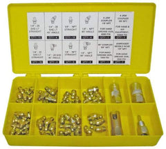 PRO-LUBE - 60 Piece, Inch, Box Plastic Steel Grease Fitting Set - Includes PTF, UNF Thread Types, Includes 1/4-28 SAE-LT: (25) Straight, (4) 45°, (4) 90°, 1/8-27 PTF: (15) Straight, (4) 45°, (4) 90° - Exact Tool & Supply