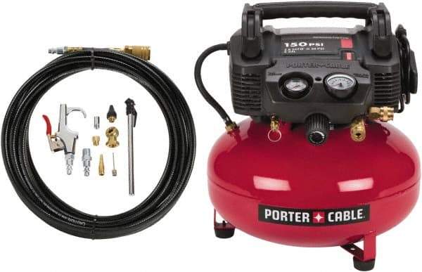 Porter-Cable - 0.8 hp, 2.6 CFM Hand Carry Pancake Compressor - 6 Gallon Tank, 10 Amp, 150 Max psi, 120V - Exact Tool & Supply