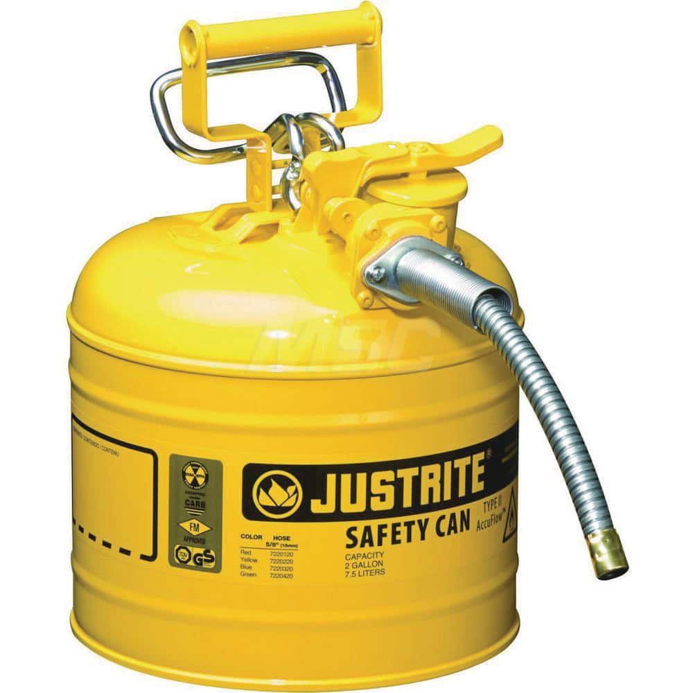 Justrite - Safety Dispensing Cans; Capacity: 2 Gal. ; Material: Steel ; Color: Yellow ; Height (Decimal Inch): 13.250000 ; Diameter/Length (mm): 9.50 ; Approval Listing/Regulations: FM Approved; UL; ULC; TUV - Exact Tool & Supply