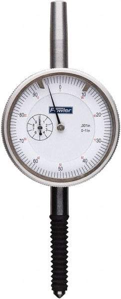 Fowler - 1" Range, 0-100 Dial Reading, 0.001" Graduation Dial Drop Indicator - 2-1/4" Dial, 0.1" Range per Revolution, 0.001" Accuracy, Revolution Counter - Exact Tool & Supply