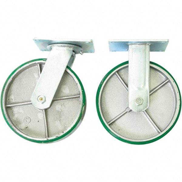 Wesco Industrial Products - 8" Diam x 2" Wide x 9-1/2" OAH Top Plate Mount Dual Swivel & Rigid Caster - Mold on Polyurethane, 4,000 Lb Capacity, Sealed Ball Bearing, 5 x 5-1/2" Plate - Exact Tool & Supply