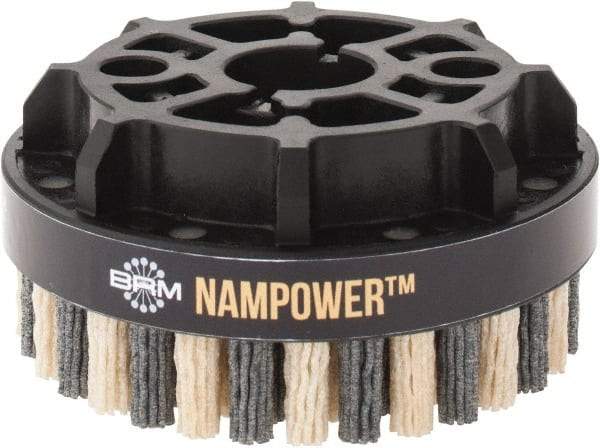Brush Research Mfg. - 4" 180 Grit Ceramic/Silicon Carbide Tapered Disc Brush - Medium Fine Grade, CNC Adapter Connector, 0.71" Trim Length, 7/8" Arbor Hole - Exact Tool & Supply