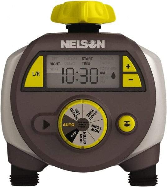Nelson - Electronic Lawn Sprinkler Timer - 2 Watering Modes, 2 Outlets, 3/4-18 National Hose Thread - Exact Tool & Supply