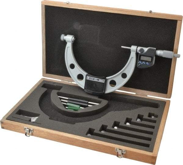 Mitutoyo - 6 Anvil, Electronic, 0 to 6 Inch Range, Carbide Face Interchangeable Anvil Micrometer - Ratchet Stop Thimble, 0.0001 Inch Resolution, 0.00016 + 0.00004 (L/3) Inch Accuracy, SR44 Battey, Includes 5 Standards, 6 Anvils and Fitted Wooden Case - Exact Tool & Supply