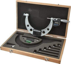 Mitutoyo - 6 Anvil, Electronic, 0 to 6 Inch Range, Carbide Face Interchangeable Anvil Micrometer - Ratchet Stop Thimble, 0.0001 Inch Resolution, 0.00016 + 0.00004 (L/3) Inch Accuracy, SR44 Battey, Includes 5 Standards, 6 Anvils and Fitted Wooden Case - Exact Tool & Supply