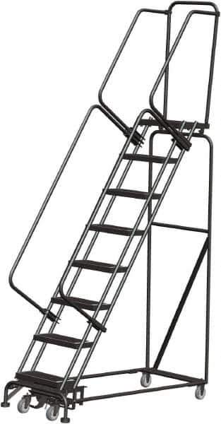Ballymore - 113" 8 Step Rolling Warehouse Ladder - Lock Step Rolling Safety Ladder, 450 Lb Capacity, 80" Platform Height, 24" Base Width x 61" Base Depth, Perforated Tread - Exact Tool & Supply