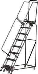 Ballymore - 113" 8 Step Rolling Warehouse Ladder - Lock Step Rolling Safety Ladder, 450 Lb Capacity, 80" Platform Height, 24" Base Width x 61" Base Depth, Perforated Tread - Exact Tool & Supply