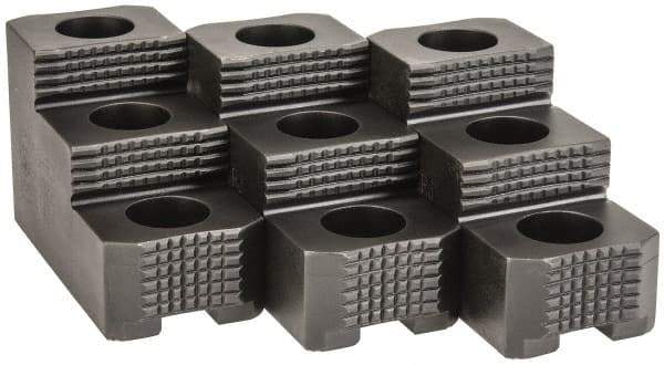 H & R Manufacturing - 15" Max Chuck Diam Compatibility, Case Hardened Steel 1.5mm x 60° Serrated Hard Lathe Top Jaws - 2 Steps, 0.866" Groove Width, 2-1/2" Wide x 5-1/2" Long x 3-15/32" High - Exact Tool & Supply