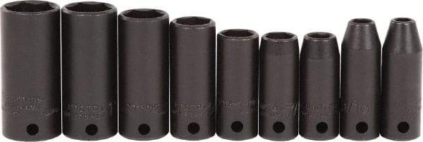 Proto - 9 Piece 3/8" Drive Black Finish Deep Well Impact Socket Set - 6 Points, 1/4" to 3/4" Range, Inch Measurement Standard - Exact Tool & Supply