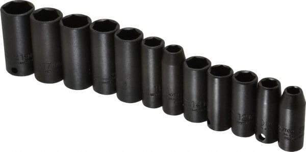 Proto - 12 Piece 3/8" Drive Black Finish Deep Well Impact Socket Set - 6 Points, 8mm to 19mm Range, Metric Measurement Standard - Exact Tool & Supply