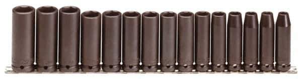 Proto - 15 Piece 1/2" Drive Black Finish Deep Well Impact Socket Set - 6 Points, 3/8" to 1-1/2" Range, Inch Measurement Standard - Exact Tool & Supply