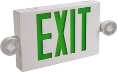 Cooper Lighting - 1 and 2 Face, 2 Head, 120-277 Volt, Thermoplastic, LED Combination Exit Sign - 2-5/16 Inch Wide x 8-1/4 Inch High x 16-9/16 Inch Long, Ceiling, End and Wall Mount, Sealed Nickel Cadmium Battery - Exact Tool & Supply