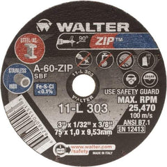 WALTER Surface Technologies - 3" Aluminum Oxide Cutoff Wheel - 1/16" Thick, 3/8" Arbor, 25,470 Max RPM, Use with Die Grinders - Exact Tool & Supply