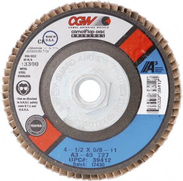 Camel Grinding Wheels - 60 Grit, 4-1/2" Disc Diam, 5/8-11 Center Hole, Type 27 Aluminum Oxide Flap Disc - 13,300 Max RPM, Polyester Backing, Arbor Attaching System, Coated - Exact Tool & Supply