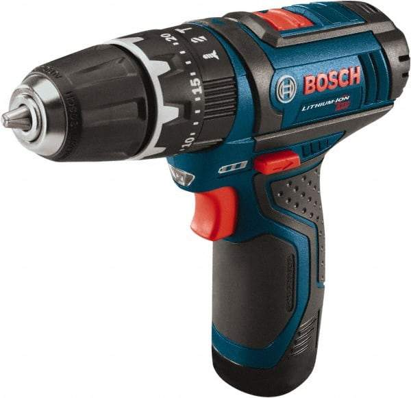 Bosch - 12 Volt 3/8" Keyless Chuck Cordless Hammer Drill - 0 to 19,500 BPM, 0 to 1,300 RPM, Reversible - Exact Tool & Supply