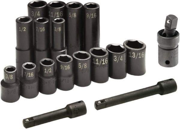 SK - 17 Piece 1/2" Drive Standard Deep Impact Socket Set - 6 Points, 3/8 to 3/4", Inch Measurement Standard - Exact Tool & Supply