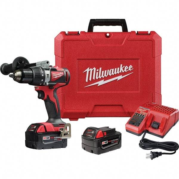 Milwaukee Tool - 18 Volt 1/2" Metal Ratcheting Chuck Cordless Hammer Drill - 0 to 28,800 BPM, 0 to 1,800 RPM, Reversible - Exact Tool & Supply