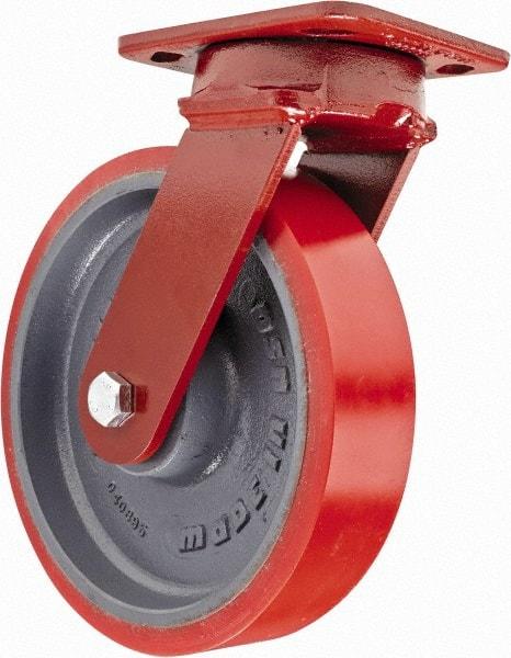Hamilton - 8" Diam x 2" Wide x 9-1/2" OAH Top Plate Mount Swivel Caster - Polyurethane, 1,800 Lb Capacity, Sealed Precision Ball Bearing, 4 x 5" Plate - Exact Tool & Supply