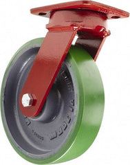 Hamilton - 8" Diam x 2" Wide x 9-1/2" OAH Top Plate Mount Swivel Caster with Brake - Polyurethane, 1,500 Lb Capacity, Sealed Precision Ball Bearing, 4 x 5" Plate - Exact Tool & Supply