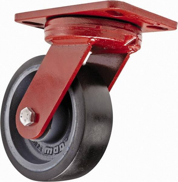 Hamilton - 6" Diam x 2" Wide x 7-3/4" OAH Top Plate Mount Swivel Caster with Brake - Polyurethane, 1,560 Lb Capacity, Sealed Precision Ball Bearing, 4-1/2 x 6-1/2" Plate - Exact Tool & Supply