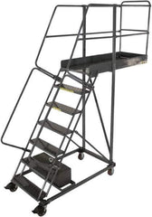 Ballymore - 112" 7 Step Configurable Cantilever Ladder - Rolling Work Platform, 300 Lb Capacity, 70" Platform Height, 32" Base Width x 59" Base Depth, Perforated Tread - Exact Tool & Supply