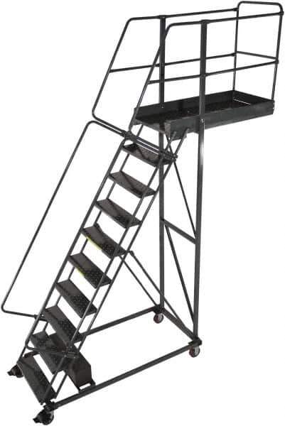 Ballymore - 142" 10 Step Cantilever Ladder - Rolling Work Platform, 300 Lb Capacity, 100" Platform Height, 32" Base Width x 71" Base Depth, Perforated Tread - Exact Tool & Supply