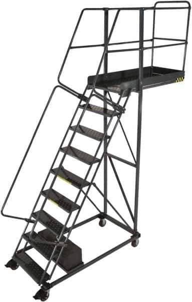 Ballymore - 116" 8 Step Cantilever Ladder - Rolling Safety Ladder, 300 Lb Capacity, 80" Platform Height, 32" Base Width x 65" Base Depth, Serrated - Exact Tool & Supply