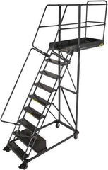 Ballymore - 116" 8 Step Cantilever Ladder - Rolling Safety Ladder, 300 Lb Capacity, 80" Platform Height, 32" Base Width x 65" Base Depth, Serrated - Exact Tool & Supply