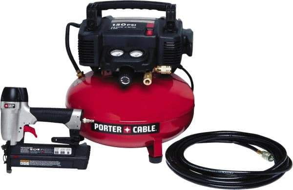 Porter-Cable - 0.80 HP, 2.6 SCFM at 90 psi CFM Pancake Nailer Combo Kit - 6 Gallon Tank, 10 Amp, 150 Max psi, 120V - Exact Tool & Supply