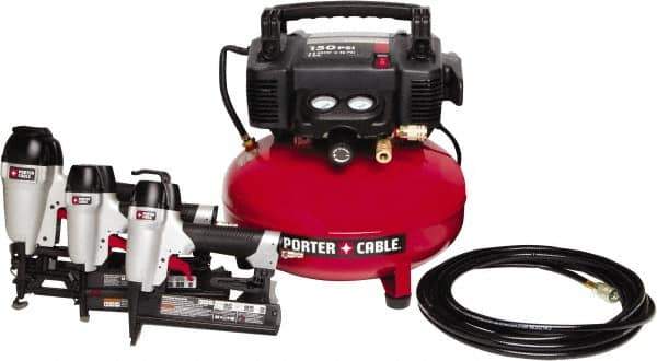 Porter-Cable - 0.80 HP, 2.6 SCFM at 90 psi CFM Pancake Finish/Brad Nailer, Stapler - 6 Gallon Tank, 10 Amp, 150 Max psi, 120V - Exact Tool & Supply
