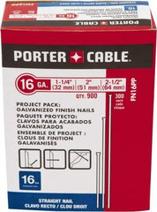 Porter-Cable - 16 Gauge 2-1/2" Long Finishing Nails for Power Nailers - Steel, Galvanized Finish, Smooth Shank, Straight Stick Collation, Chisel Point - Exact Tool & Supply