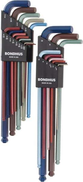 Bondhus - 22 Piece L-Key Ball End Hex Key Set - Hex Range 0.05 to 3/8", 8.4" OAL - Exact Tool & Supply