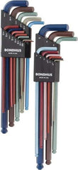 Bondhus - 22 Piece L-Key Ball End Hex Key Set - Hex Range 0.05 to 3/8", 8.4" OAL - Exact Tool & Supply