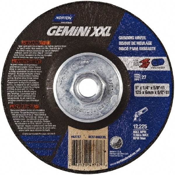 Norton - 24 Grit, 5" Wheel Diam, 1/4" Wheel Thickness, Type 27 Depressed Center Wheel - Aluminum Oxide, 8,600 Max RPM - Exact Tool & Supply