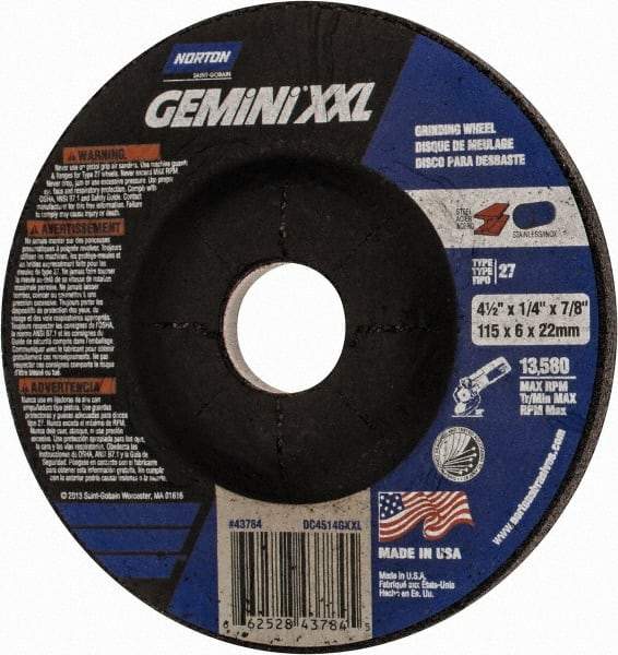 Norton - 24 Grit, 4-1/2" Wheel Diam, 1/4" Wheel Thickness, 7/8" Arbor Hole, Type 27 Depressed Center Wheel - Aluminum Oxide, 13,580 Max RPM - Exact Tool & Supply