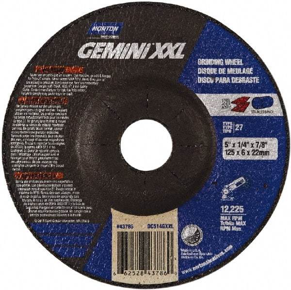 Norton - 24 Grit, 5" Wheel Diam, 1/4" Wheel Thickness, 7/8" Arbor Hole, Type 27 Depressed Center Wheel - Aluminum Oxide, 10,185 Max RPM - Exact Tool & Supply