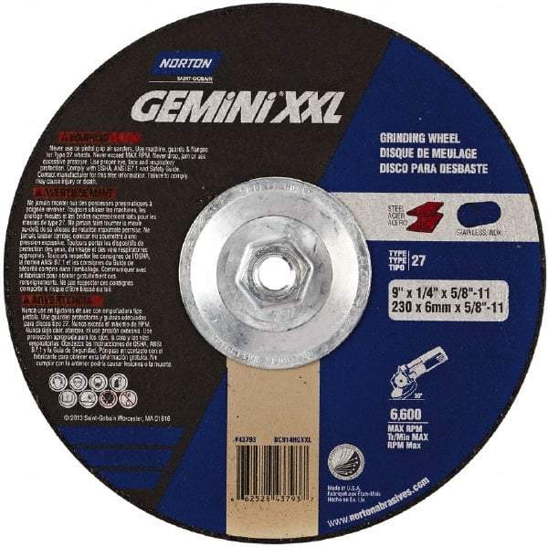 Norton - 24 Grit, 9" Wheel Diam, 1/4" Wheel Thickness, 7/8" Arbor Hole, Type 27 Depressed Center Wheel - Aluminum Oxide, 8,600 Max RPM - Exact Tool & Supply
