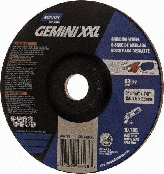 Norton - 24 Grit, 6" Wheel Diam, 1/4" Wheel Thickness, 7/8" Arbor Hole, Type 27 Depressed Center Wheel - Zirconia Alumina, 6,600 Max RPM - Exact Tool & Supply