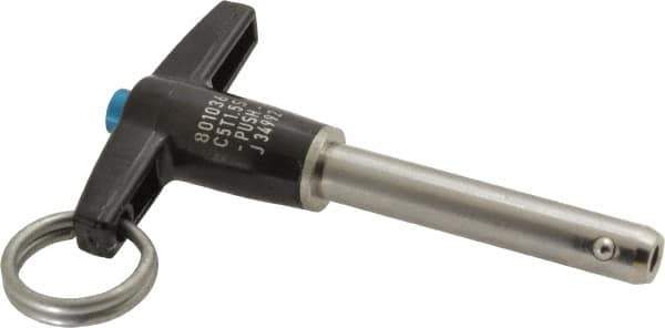 Jergens - 5/16" Diam, 1-1/2" Usable Length, T Handle, Push Button Quick Release Pin - 3-1/8" Overall Length, Grade 17-4 Stainless Steel, Passivated Finish - Exact Tool & Supply