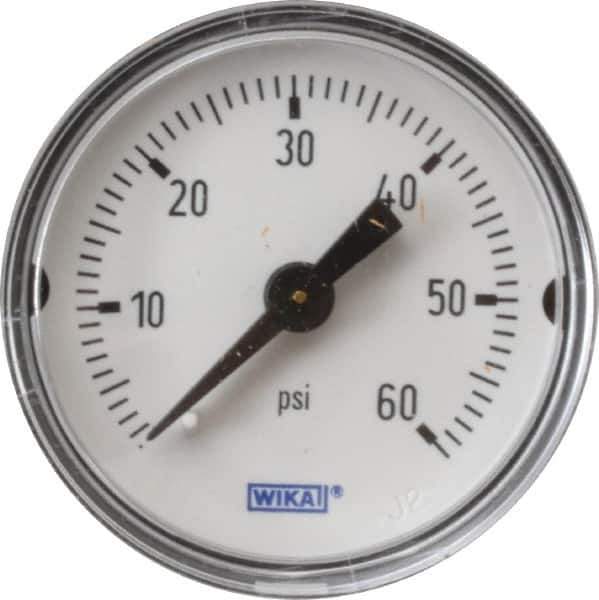 Wika - 1-1/2" Dial, 1/8 Thread, 0-60 Scale Range, Pressure Gauge - Center Back Connection Mount, Accurate to 3-2-3% of Scale - Exact Tool & Supply