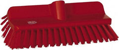 Vikan - 1-1/2" Bristle Length, Polyester Cleaning & Finishing Brush - 9-5/8" Long x 5" Wide Head, 10" OAL, European Threaded Handle, Red, Polypropylene Block - Exact Tool & Supply