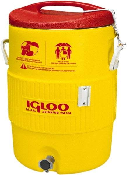 Igloo - 10 Gal Beverage Cooler - Plastic, Yellow/Red - Exact Tool & Supply