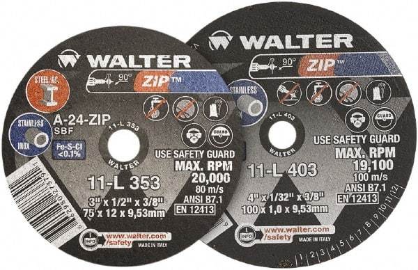 WALTER Surface Technologies - 4" 24 Grit Aluminum Oxide Cutoff Wheel - 1/4" Thick, 3/8" Arbor, 19,100 Max RPM, Use with Die Grinders - Exact Tool & Supply