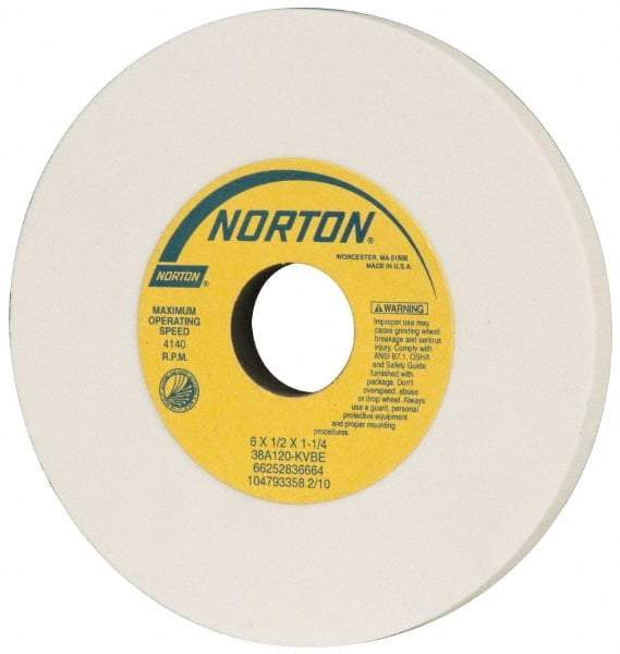 Norton - 6" Diam x 1-1/4" Hole x 1/2" Thick, K Hardness, 120 Grit Surface Grinding Wheel - Aluminum Oxide, Type 1, Fine Grade, 4,140 Max RPM, Vitrified Bond, No Recess - Exact Tool & Supply