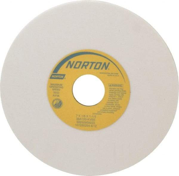 Norton - 7" Diam x 1-1/4" Hole x 1/8" Thick, K Hardness, 100 Grit Surface Grinding Wheel - Aluminum Oxide, Type 1, Fine Grade, 3,550 Max RPM, Vitrified Bond, No Recess - Exact Tool & Supply