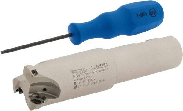 Iscar - 1-1/4" Cut Diam, 0.06" Max Depth, 1" Shank Diam, Weldon Shank Indexable High-Feed End Mill - Screw Holding Method, FF WOMT/WOCT, FF WOMW Insert, FF EW Toolholder, Through Coolant - Exact Tool & Supply